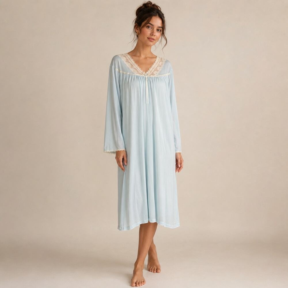 Vintage Barbizon Blue Nylon Lace Trim Nightgown XL Cottagecore Loungewear